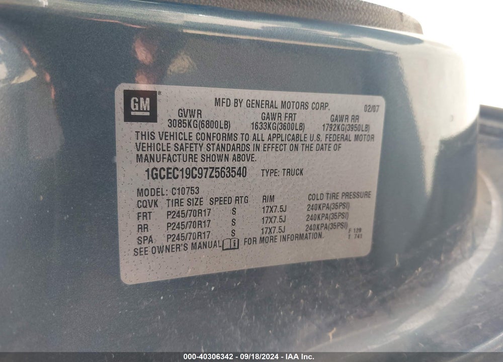 2007 CHEVROLET SILVERADO 1500 LT1 VIN: 1GCEC19C97Z563540