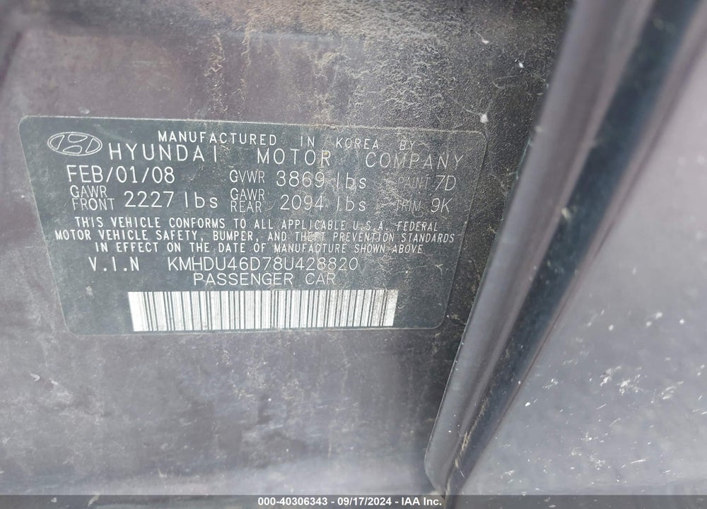 2008 HYUNDAI ELANTRA GLS/SE VIN: KMHDU46D78U428820