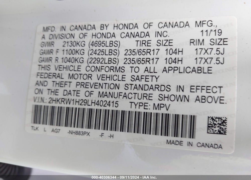2020 HONDA CR-V 2WD LX VIN: 2HKRW1H29LH402415
