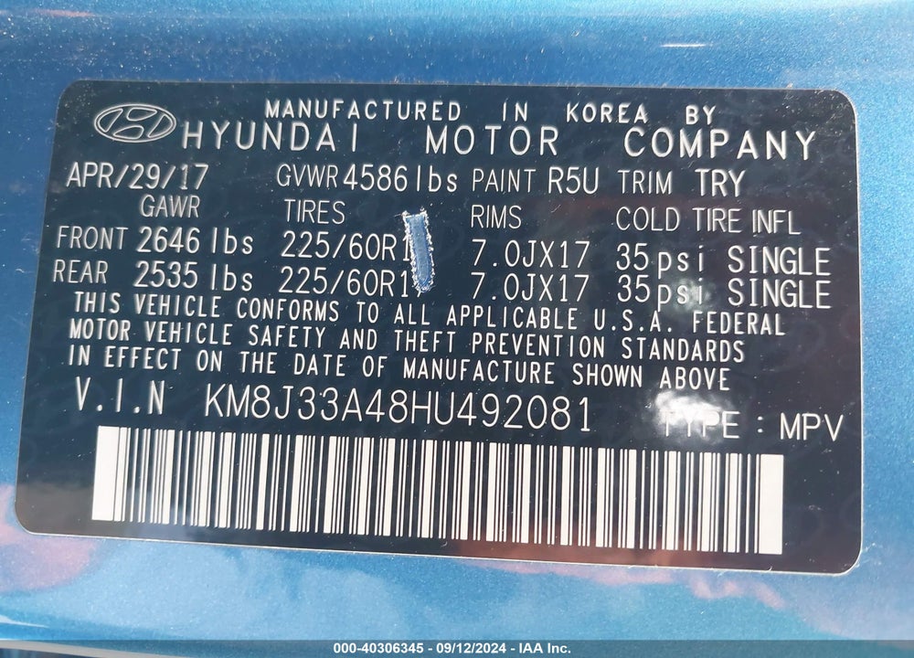 2017 HYUNDAI TUCSON SE VIN: KM8J33A48HU492081