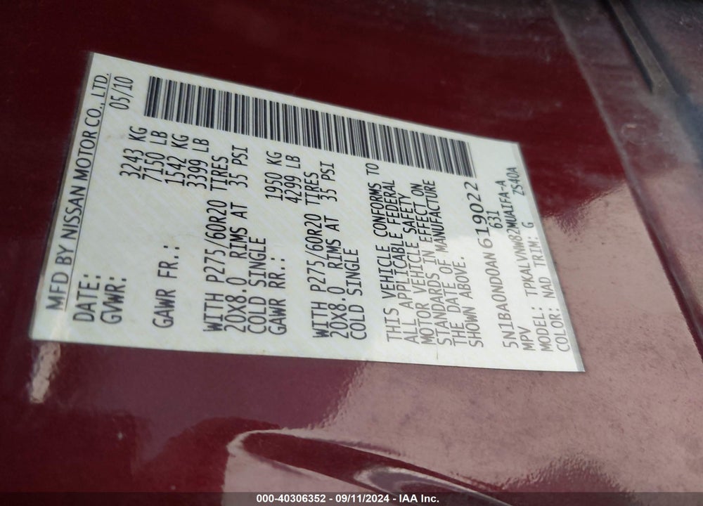 2010 NISSAN ARMADA PLATINUM VIN: 5N1BA0ND0AN619022