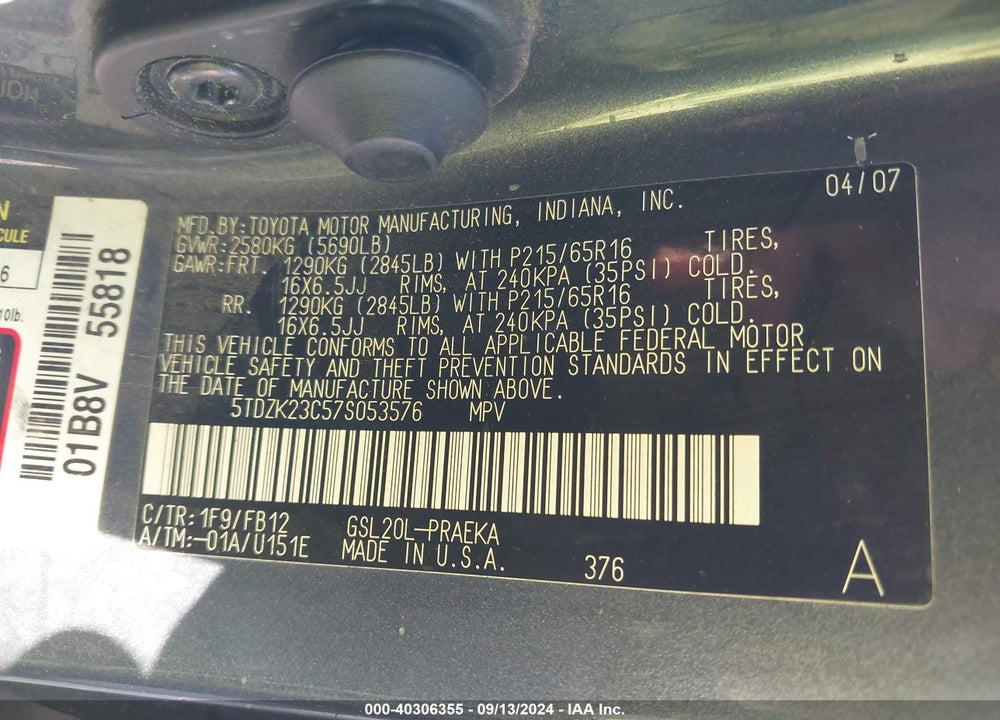 2007 TOYOTA SIENNA VIN: 5TDZK23C57S053576