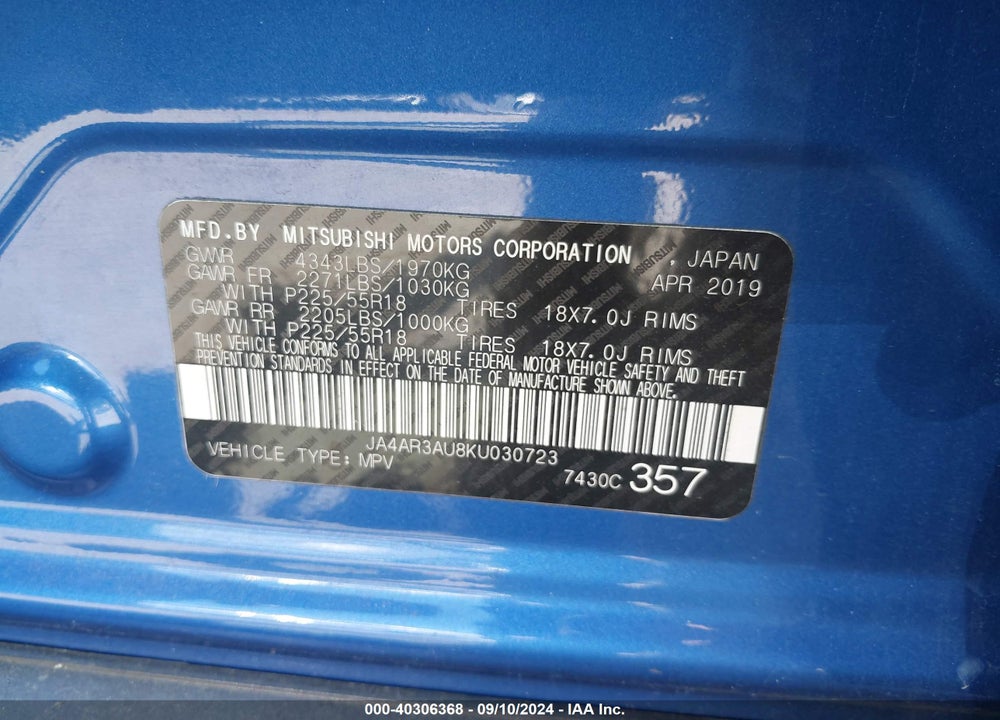 2019 MITSUBISHI OUTLANDER SPORT 2.0 LE VIN: JA4AR3AU8KU030723