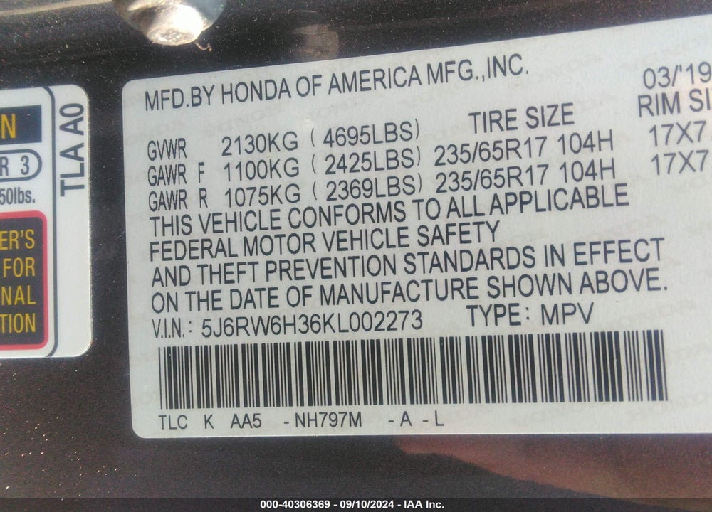 2019 HONDA CR-V LX VIN: 5J6RW6H36KL002273