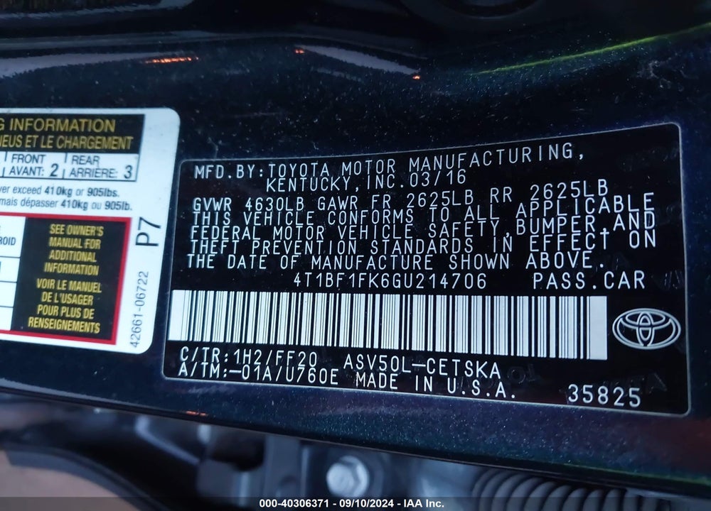 2016 TOYOTA CAMRY SE VIN: 4T1BF1FK6GU214706