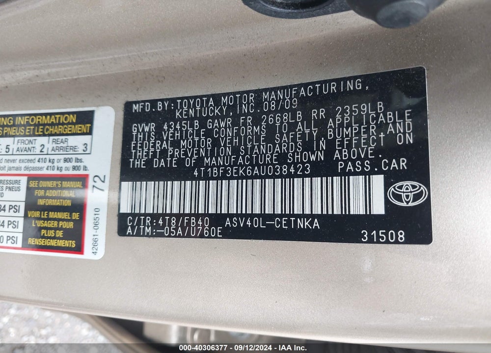 2010 TOYOTA CAMRY LE VIN: 4T1BF3EK6AU038423