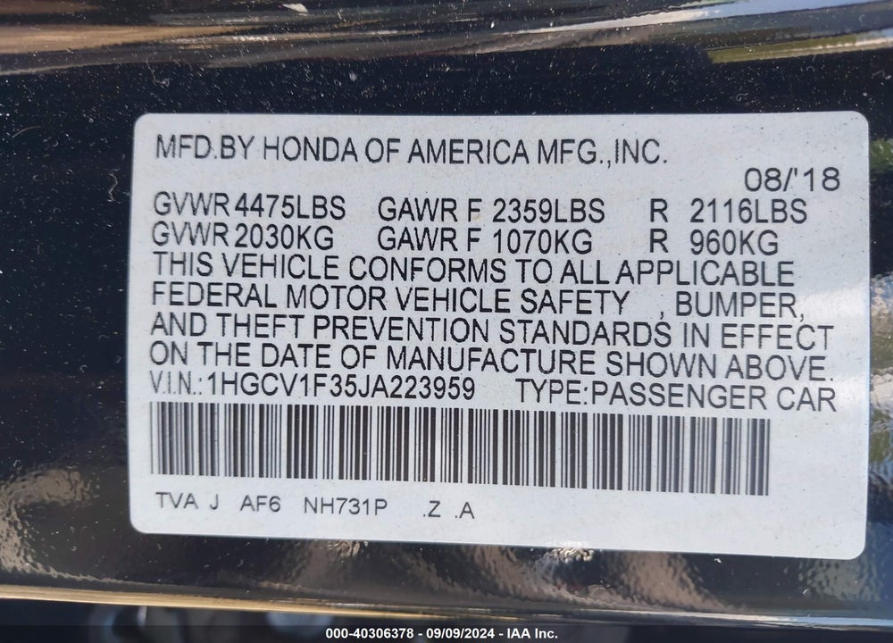 2018 HONDA ACCORD SPORT VIN: 1HGCV1F35JA223959