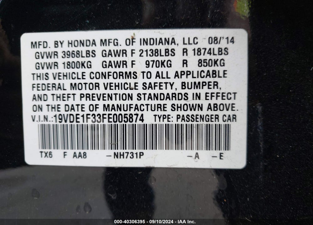 2015 ACURA ILX 2.0L VIN: 19VDE1F33FE005874
