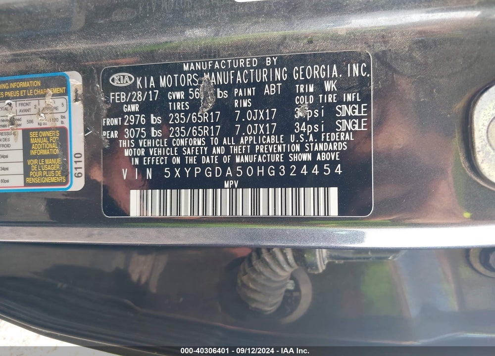 2017 KIA SORENTO 3.3L LX VIN: 5XYPGDA50HG324454