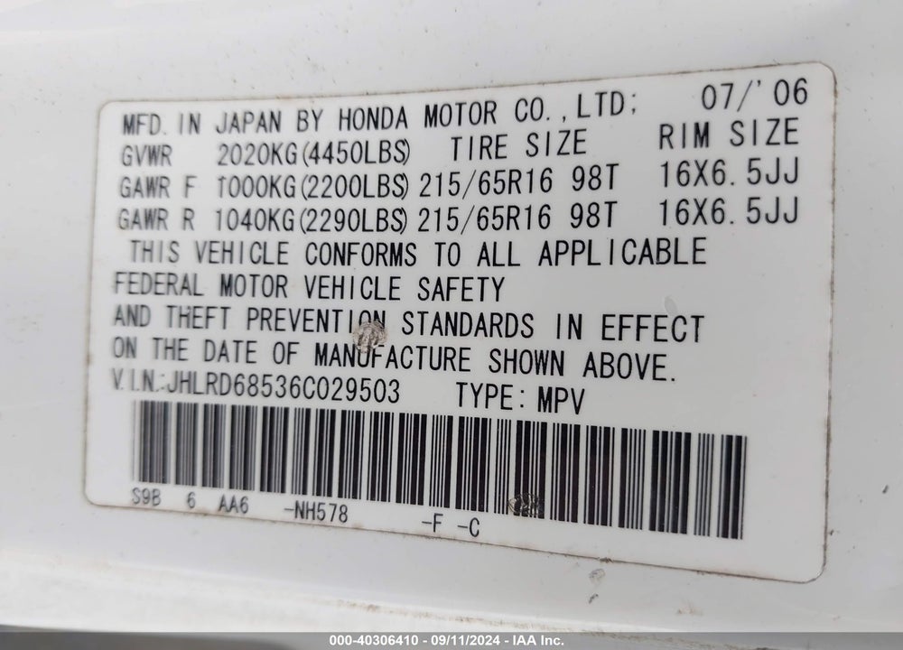 2006 HONDA CR-V LX VIN: JHLRD68536C029503