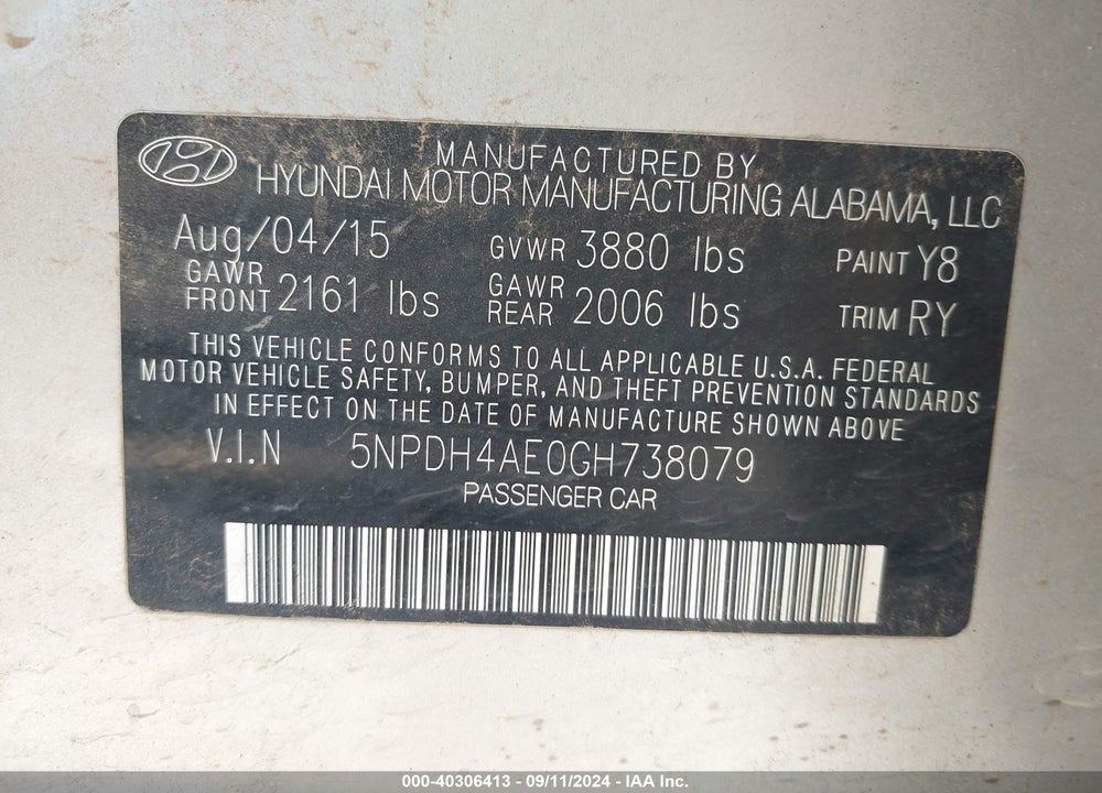 2016 HYUNDAI ELANTRA VIN: 5NPDH4AE0GH738079