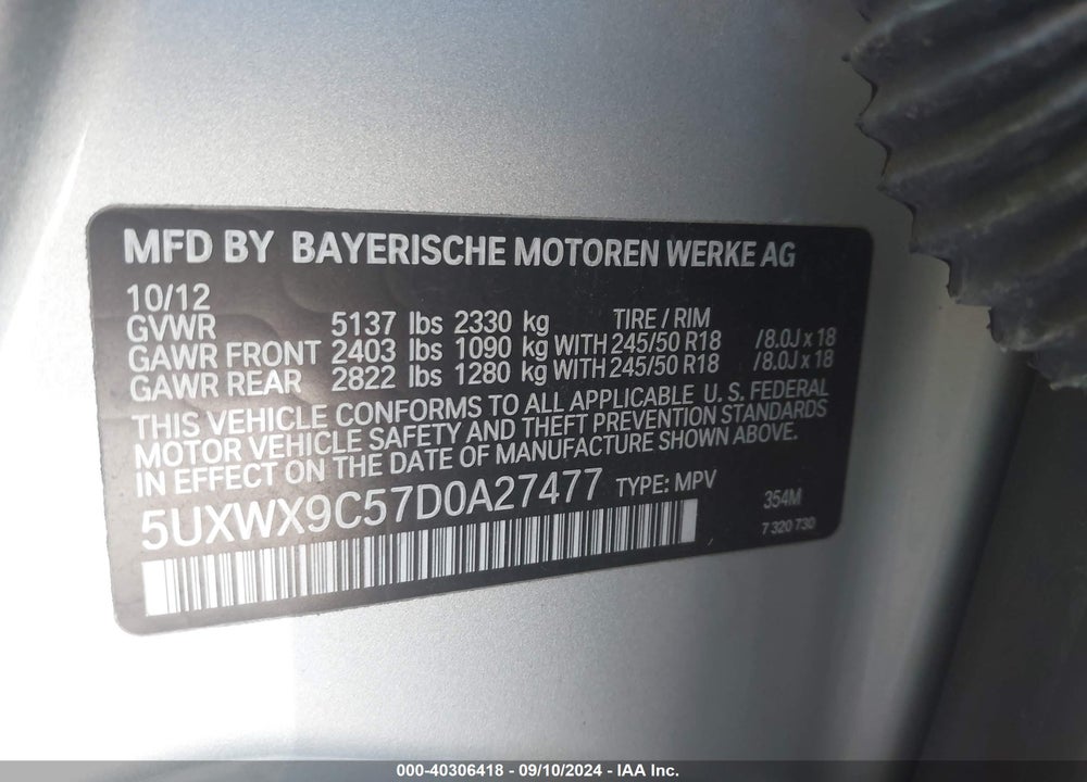 2013 BMW X3 XDRIVE28I VIN: 5UXWX9C57D0A27477