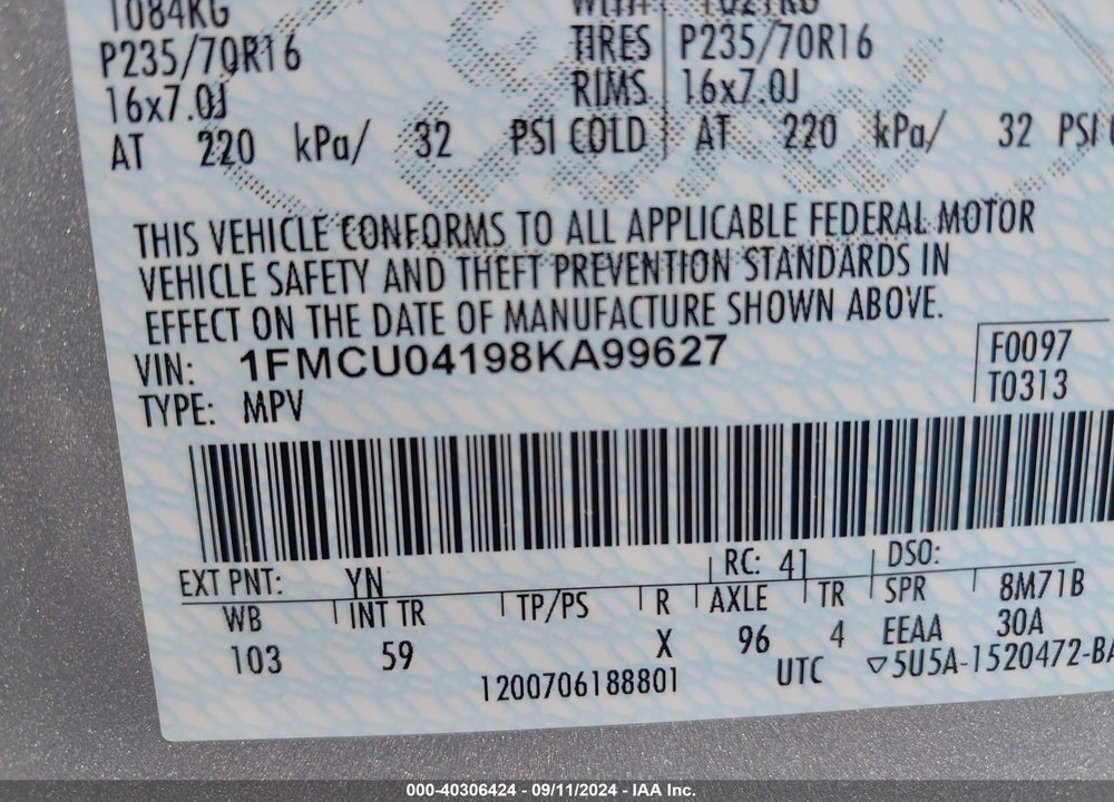 2008 FORD ESCAPE LIMITED VIN: 1FMCU04198KA99627