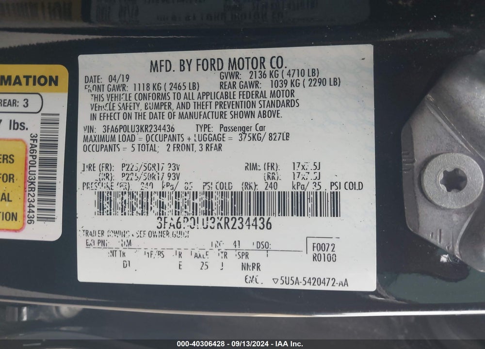 2019 FORD FUSION HYBRID SE VIN: 3FA6P0LU3KR234436