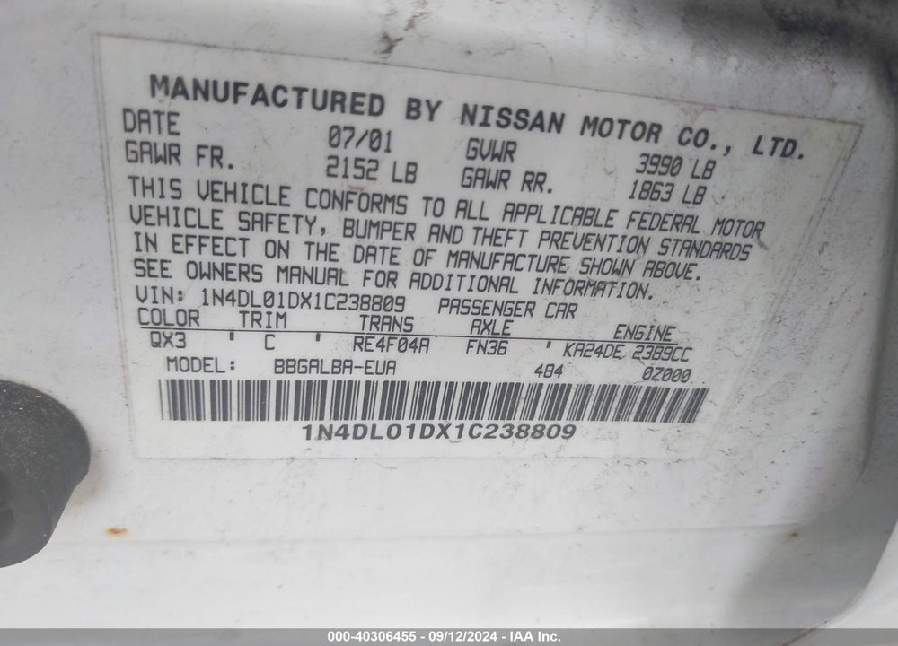 2001 NISSAN ALTIMA GXE VIN: 1N4DL01DX1C238809