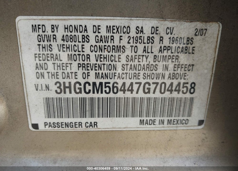 2007 HONDA ACCORD 2.4 LX VIN: 3HGCM56447G704458
