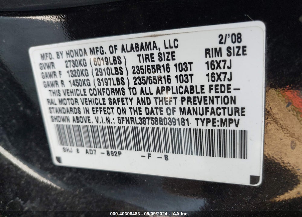 2008 HONDA ODYSSEY EX-L VIN: 5FNRL38758B039181
