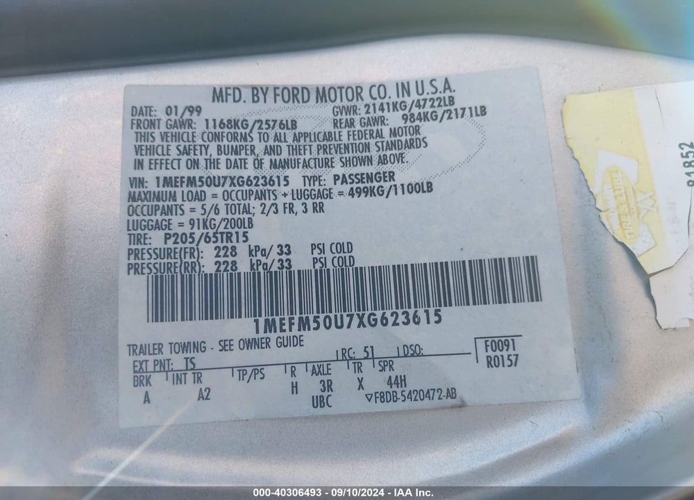 1999 MERCURY SABLE GS VIN: 1MEFM50U7XG623615