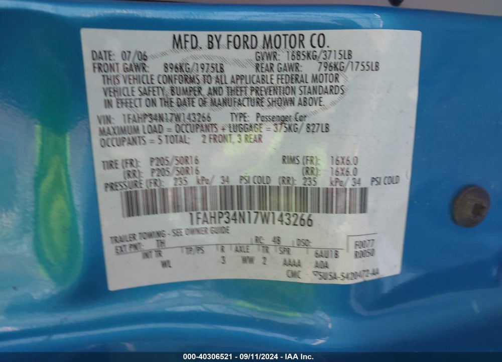 2007 FORD FOCUS S/SE/SES VIN: 1FAHP34N17W143266