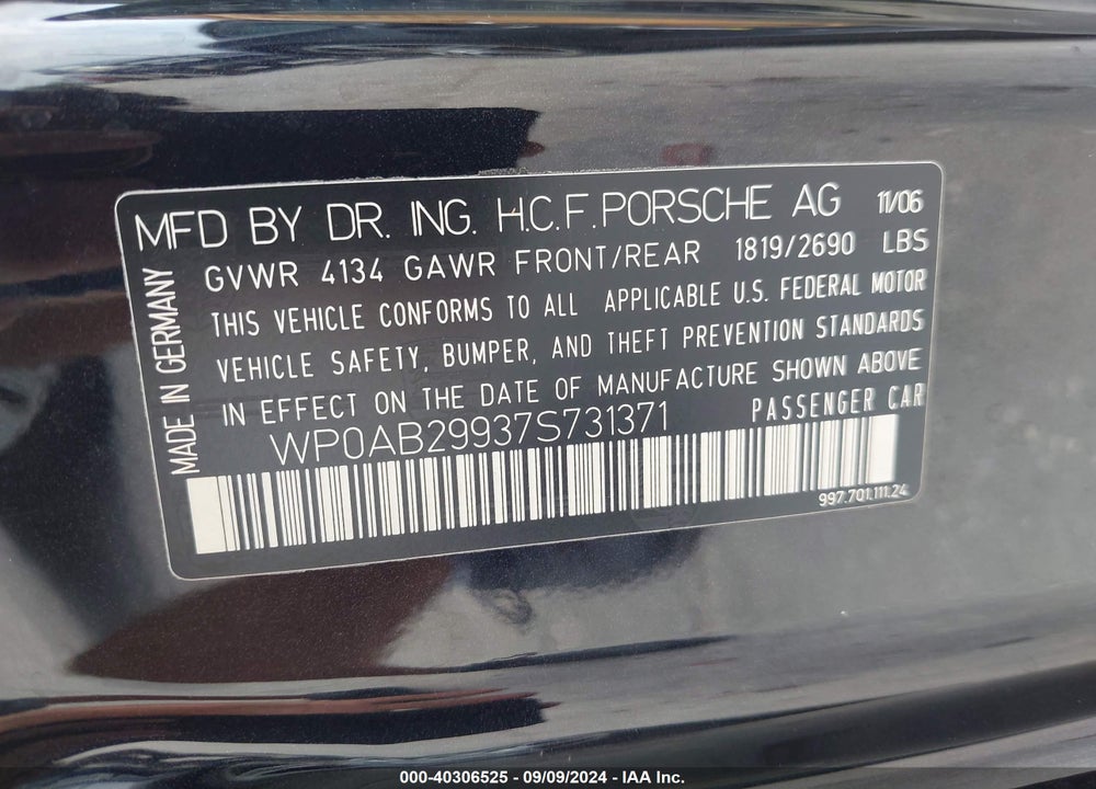 2007 PORSCHE 911 CARRERA 4S/CARRERA S VIN: WP0AB29937S731371