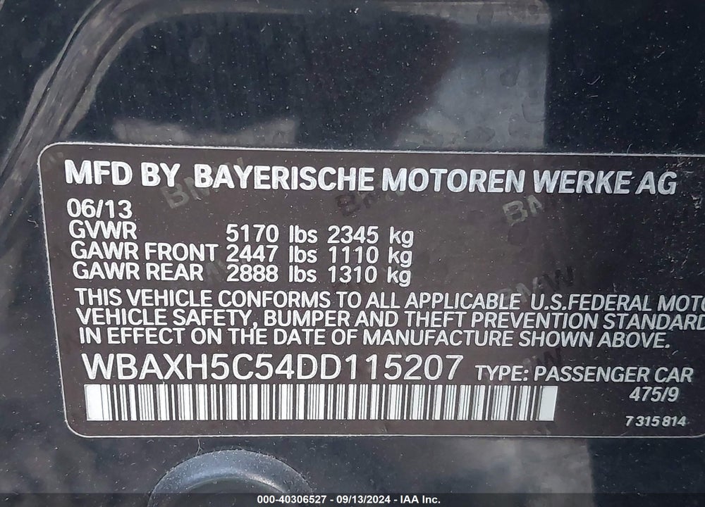 2013 BMW 528I XDRIVE VIN: WBAXH5C54DD115207