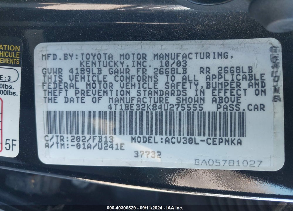 2004 TOYOTA CAMRY LE VIN: 4T1BE32K84U275555