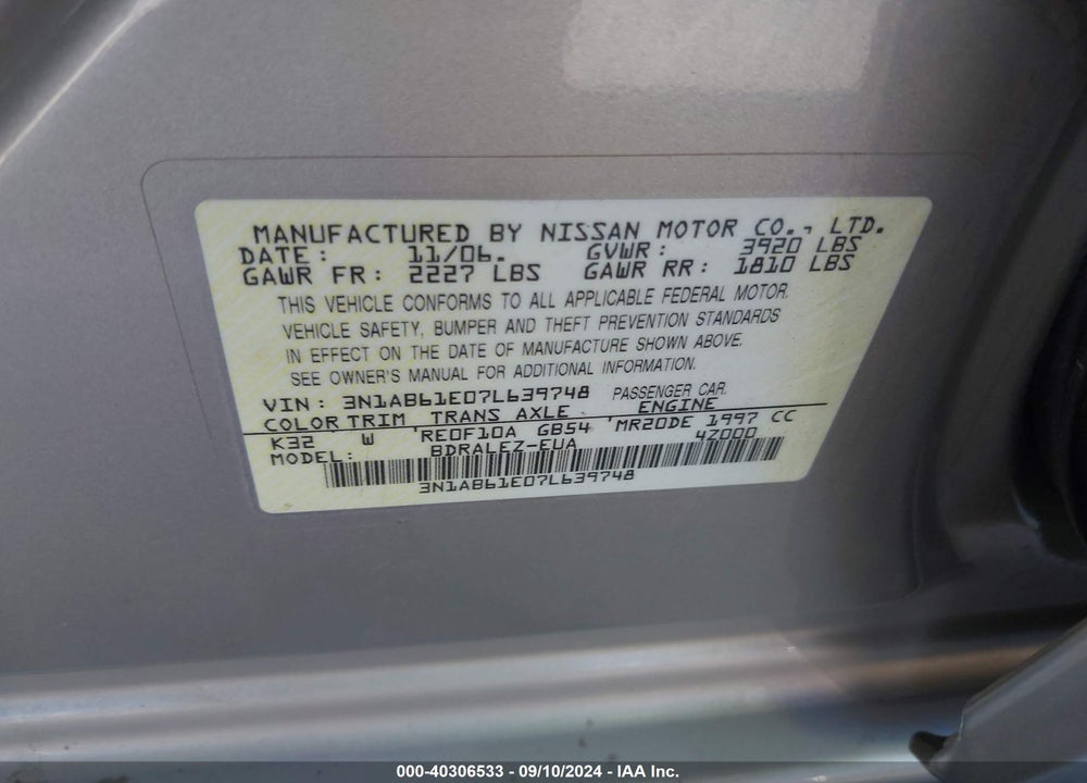 2007 NISSAN SENTRA 2.0S VIN: 3N1AB61E07L639748