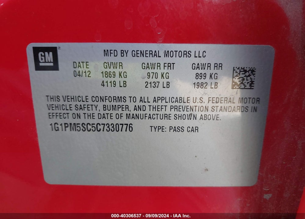2012 CHEVROLET CRUZE 2LT VIN: 1G1PM5SC5C7330776