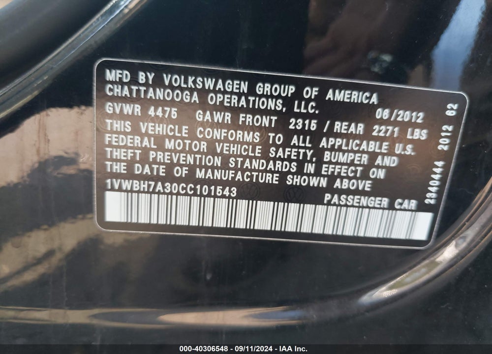 2012 VOLKSWAGEN PASSAT 2.5L SE VIN: 1VWBH7A30CC101543
