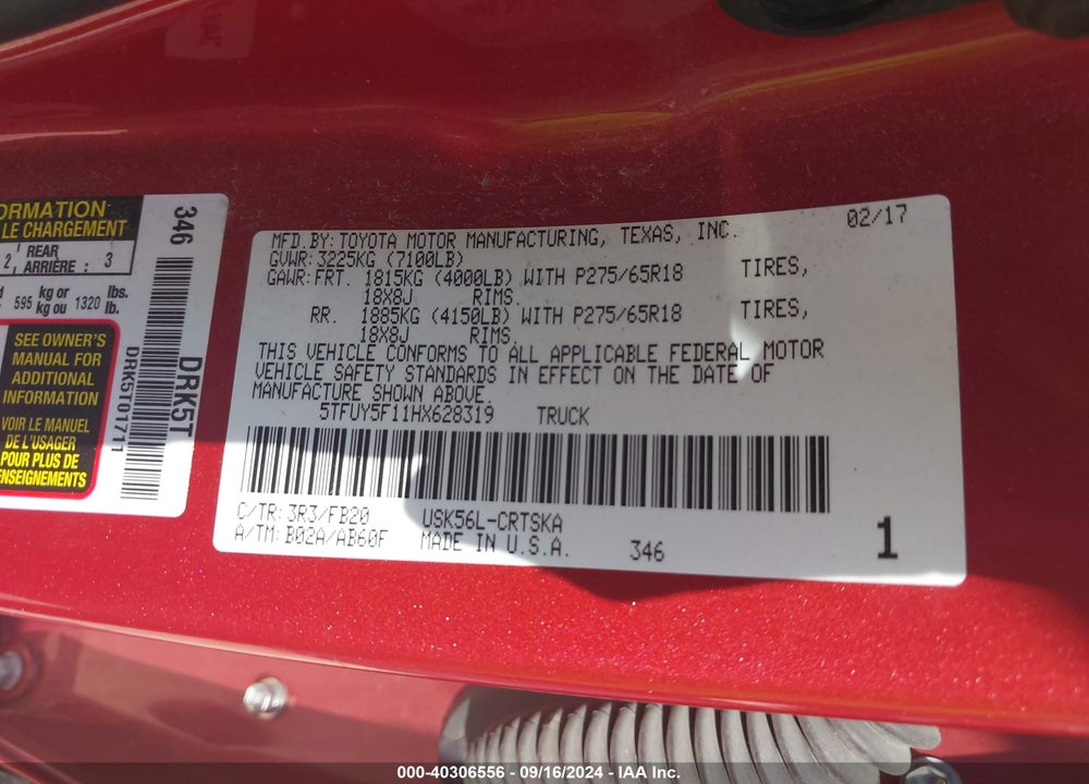 2017 TOYOTA TUNDRA SR5 5.7L V8 VIN: 5TFUY5F11HX628319