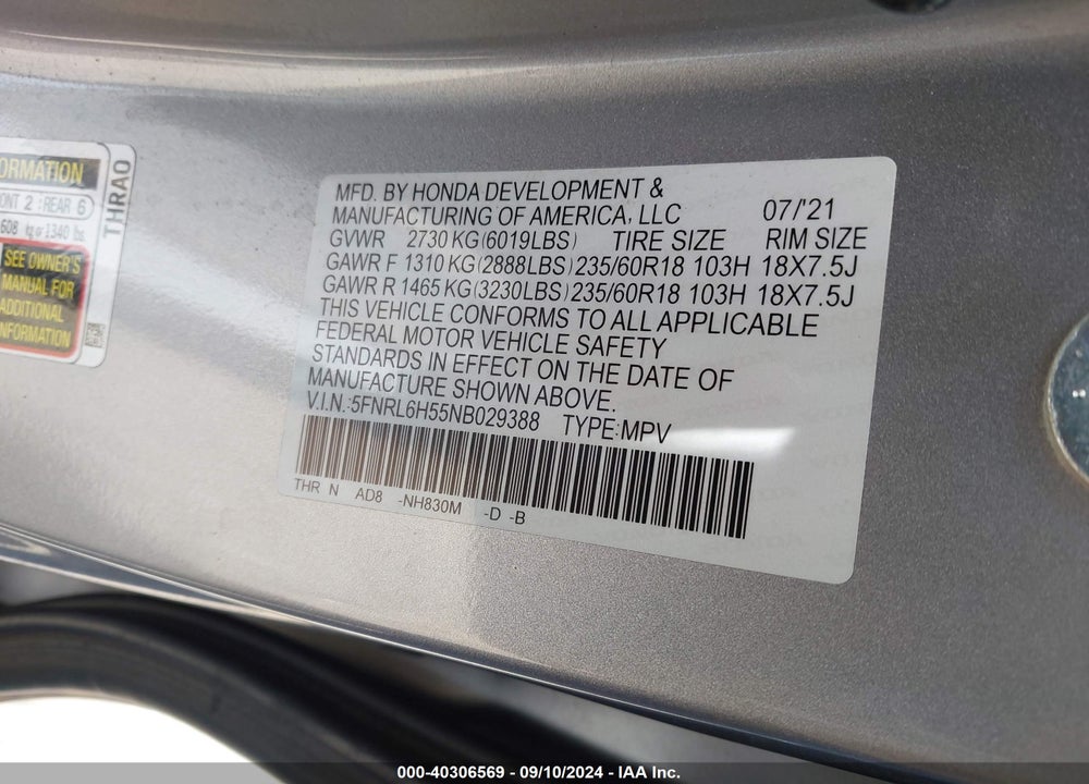2022 HONDA ODYSSEY EX VIN: 5FNRL6H55NB029388