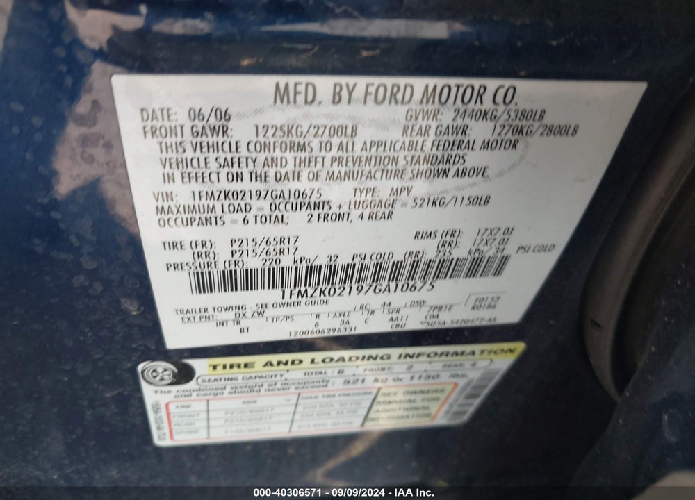 2007 FORD FREESTYLE SEL VIN: 1FMZK02197GA10675