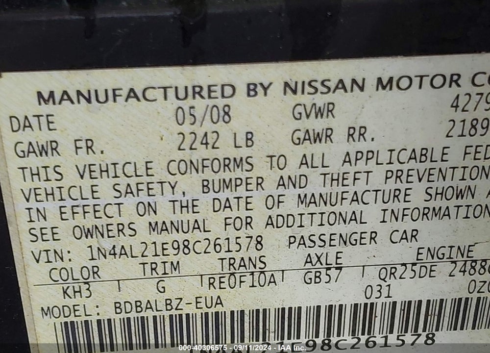 2008 NISSAN ALTIMA 2.5 S VIN: 1N4AL21E98C261578