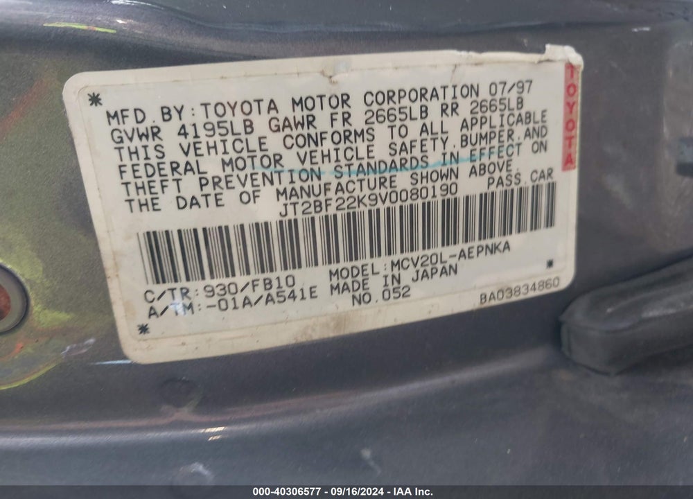 1997 TOYOTA CAMRY LE V6 VIN: JT2BF22K9V0080190