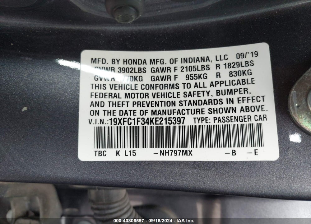 2019 HONDA CIVIC EX VIN: 19XFC1F34KE215397