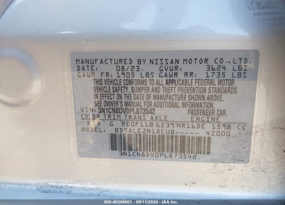 2023 NISSAN VERSA 1.6 S XTRONIC CVT VIN: 3N1CN8DV0PL873542