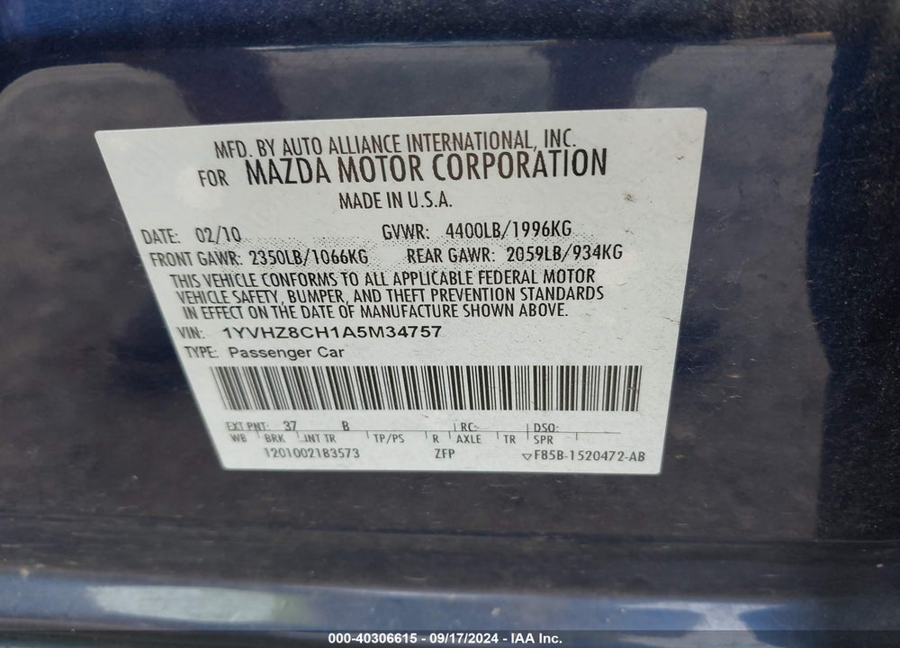 2010 MAZDA 6 I TOURING PLUS VIN: 1YVHZ8CH1A5M34757