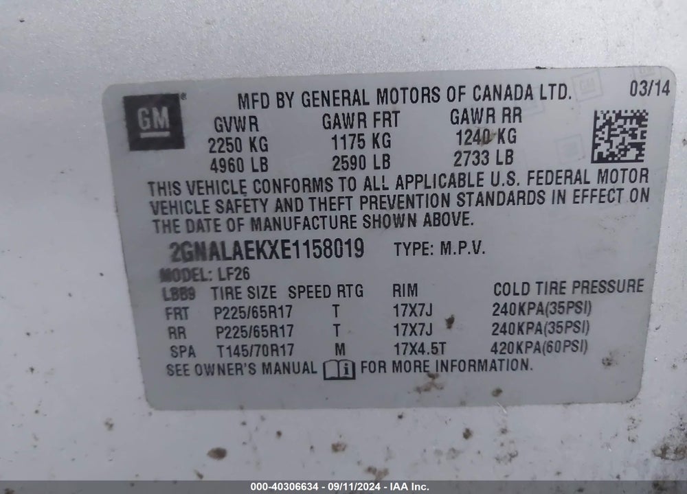 2014 CHEVROLET EQUINOX LS VIN: 2GNALAEKXE1158019