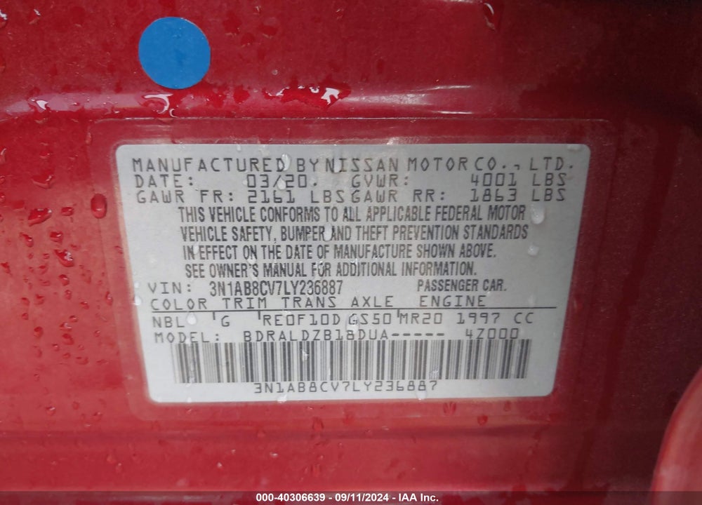 2020 NISSAN SENTRA SV XTRONIC CVT VIN: 3N1AB8CV7LY236887