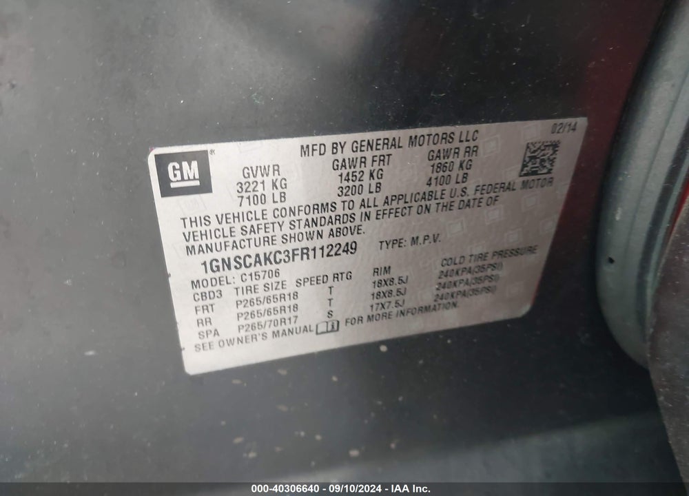 2015 CHEVROLET TAHOE LS VIN: 1GNSCAKC3FR112249