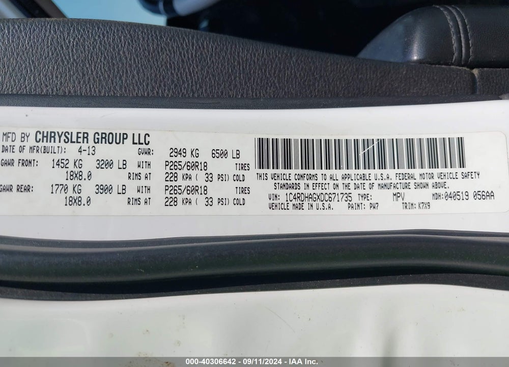 2013 DODGE DURANGO SXT VIN: 1C4RDHAGXDC671735