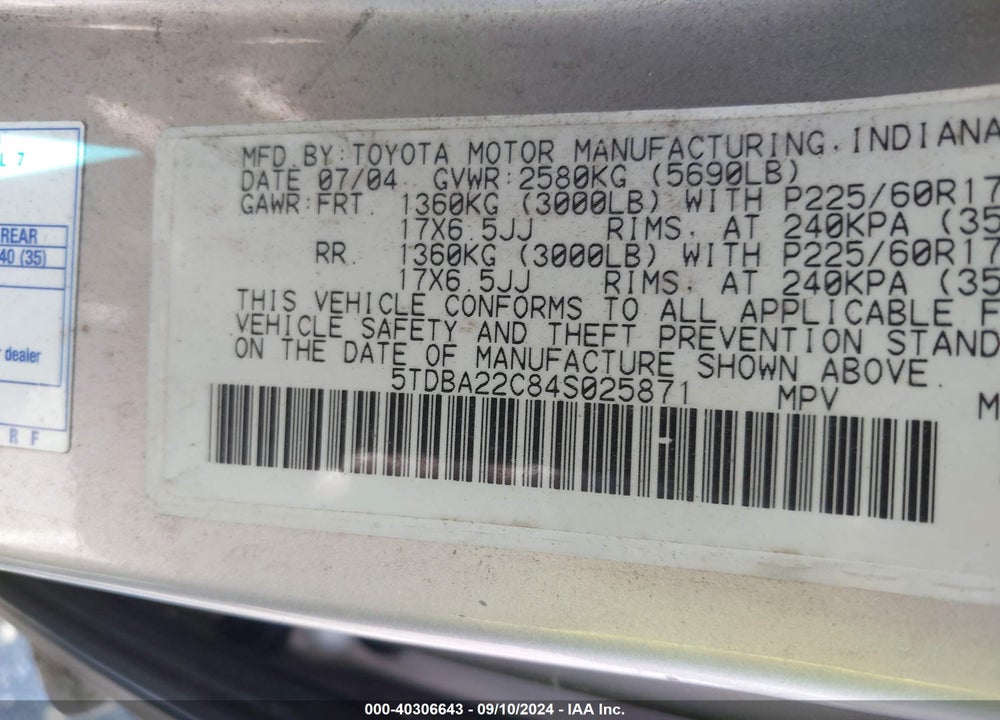 2004 TOYOTA SIENNA VIN: 5TDBA22C84S025871