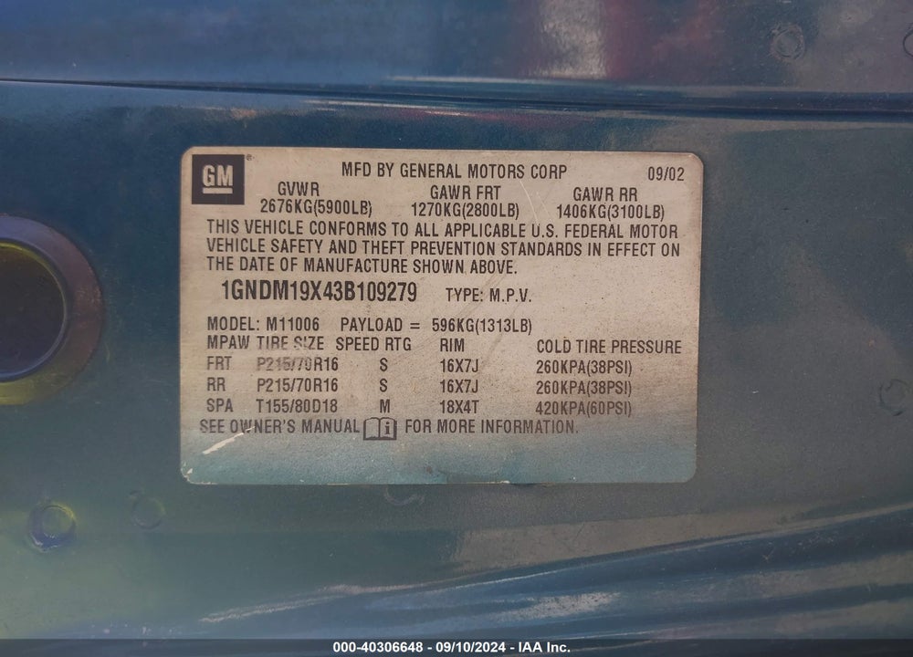 2003 CHEVROLET ASTRO VIN: 1GNDM19X43B109279