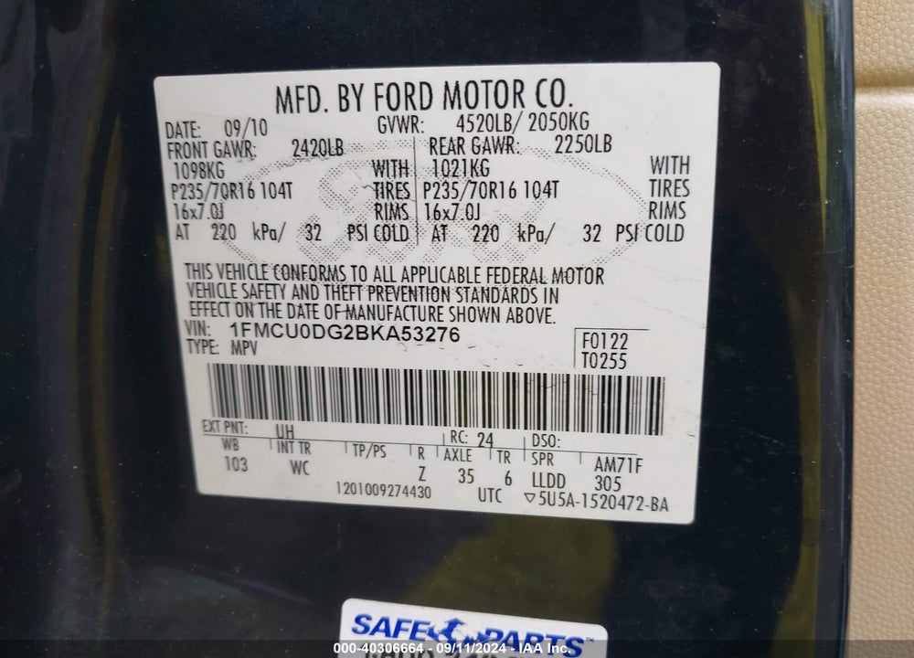 2011 FORD ESCAPE XLT VIN: 1FMCU0DG2BKA53276