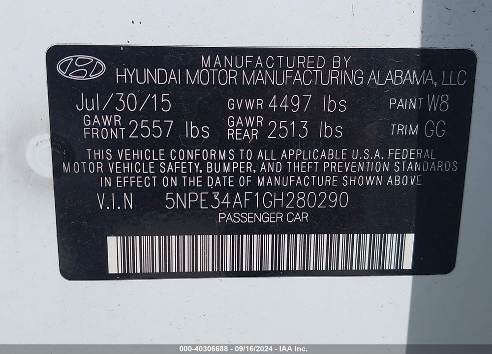 2016 HYUNDAI SONATA LIMITED VIN: 5NPE34AF1GH280290