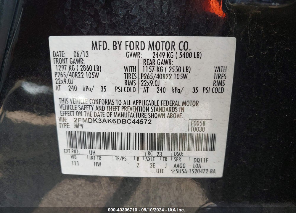 2013 FORD EDGE SPORT VIN: 2FMDK3AK6DBC44572