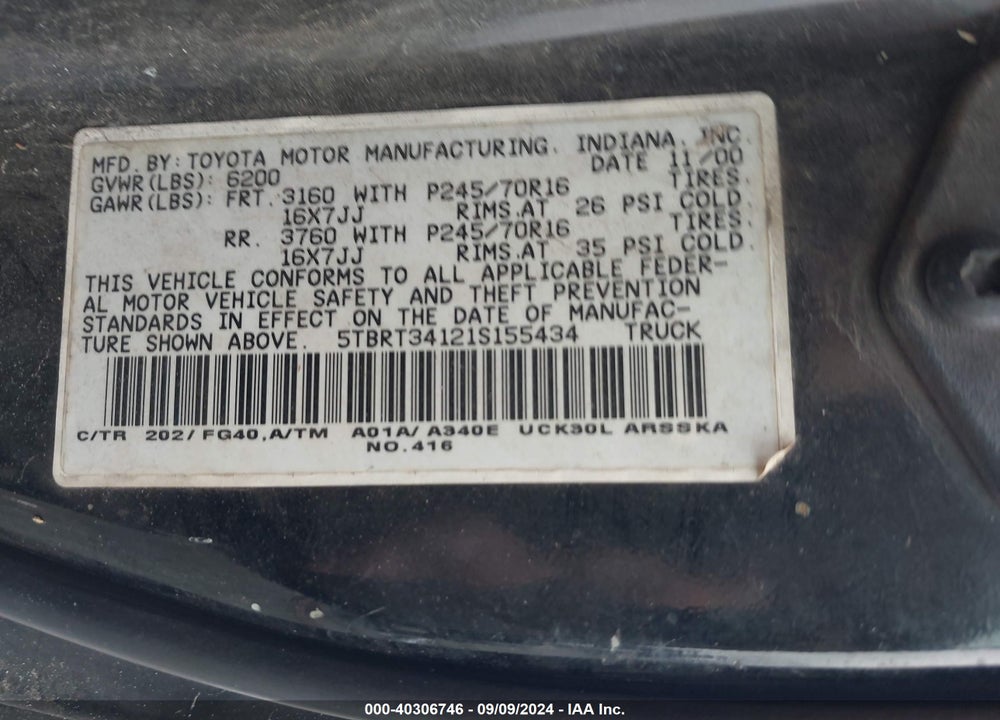 2001 TOYOTA TUNDRA SR5 V8 VIN: 5TBRT34121S155434