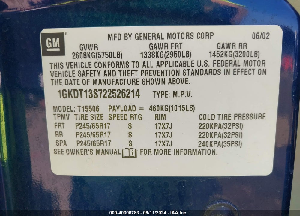 2002 GMC ENVOY SLT VIN: 1GKDT13S722526214