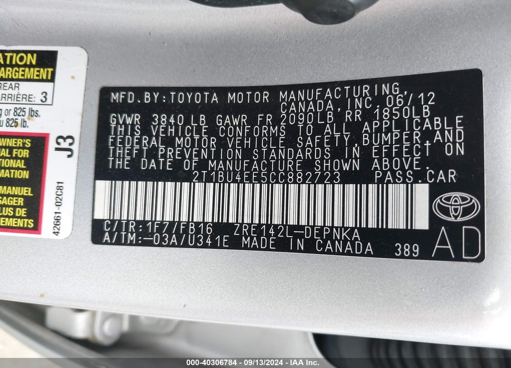 2012 TOYOTA COROLLA LE VIN: 2T1BU4EE5CC882723