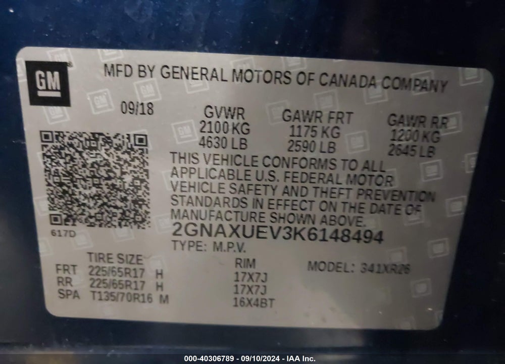 2019 CHEVROLET EQUINOX LT VIN: 2GNAXUEV3K6148494